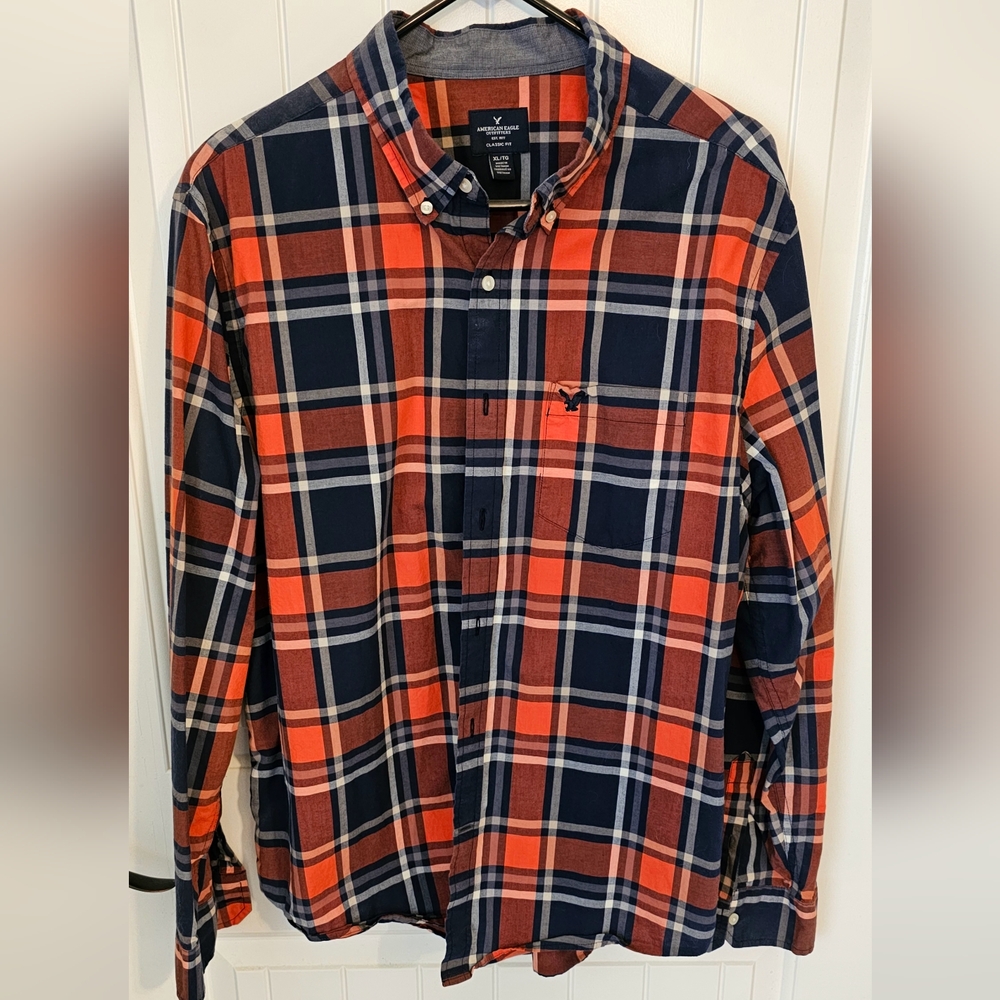 American Eagle Outfitters Navy and Orange Plaid Shirt